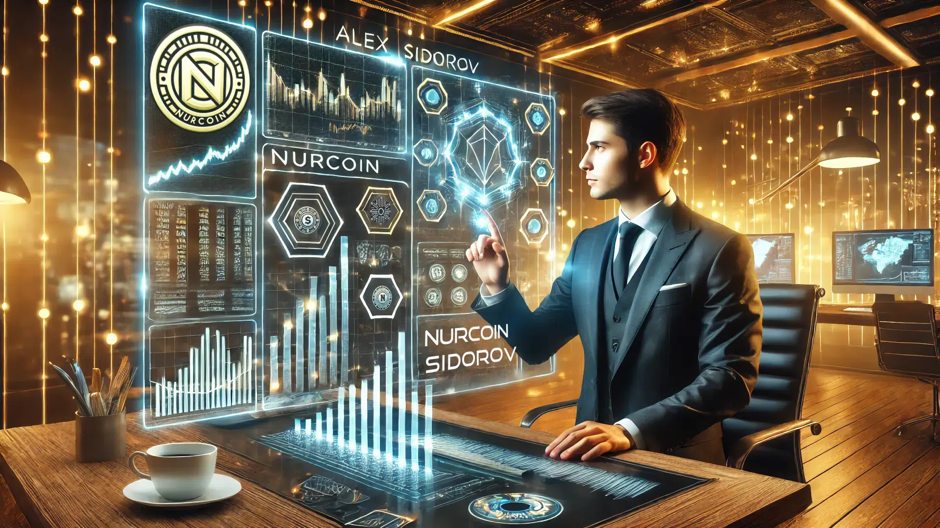 Futuristic digital representation of Alex Sidorov, a trader at NURCOIN®, specializing in blockchain trading, market analysis, and financial strategy.