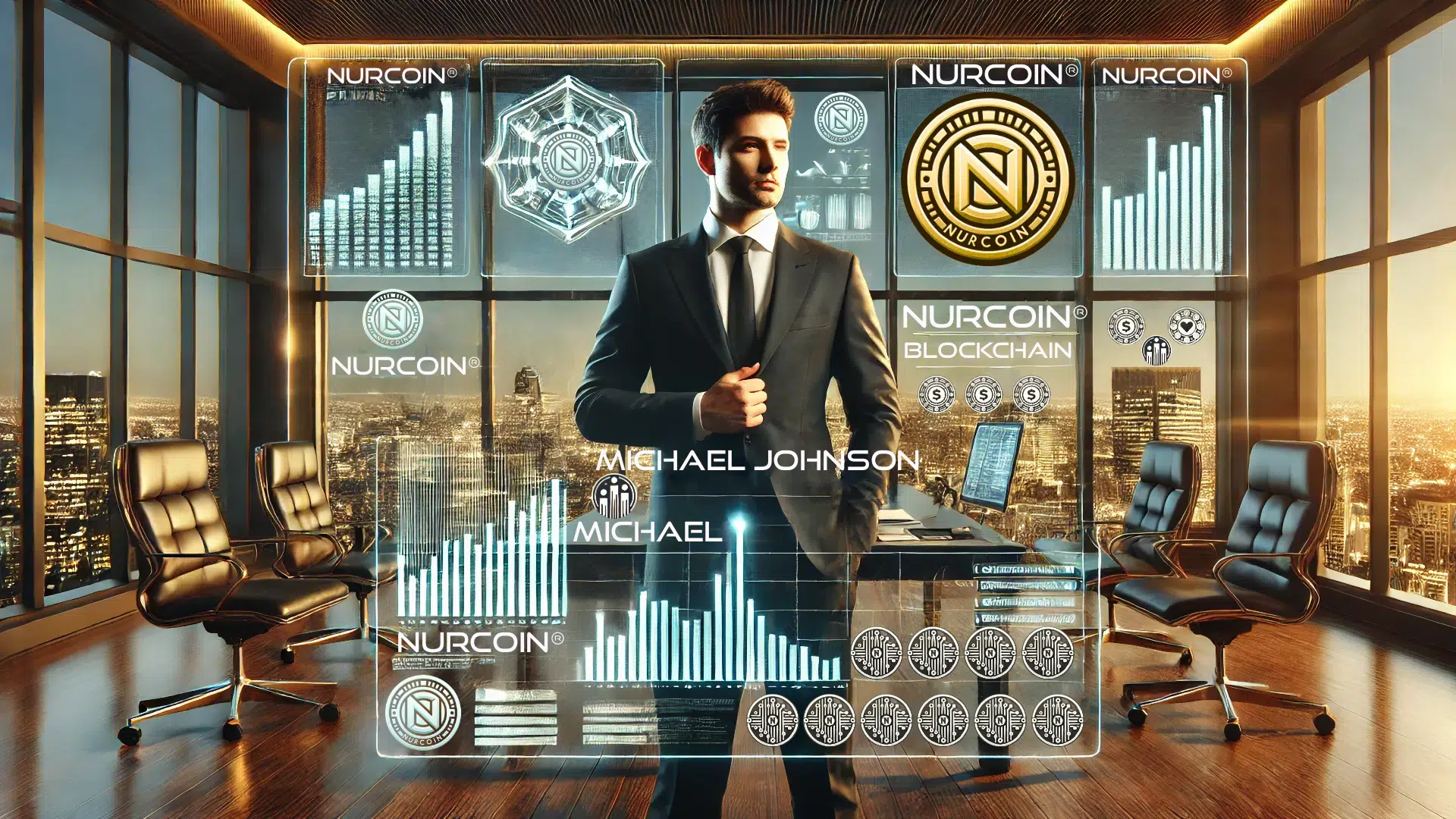 Futuristic digital representation of Michael Johnson, an investor at NURCOIN®, specializing in blockchain investments, asset growth, and financial analytics.