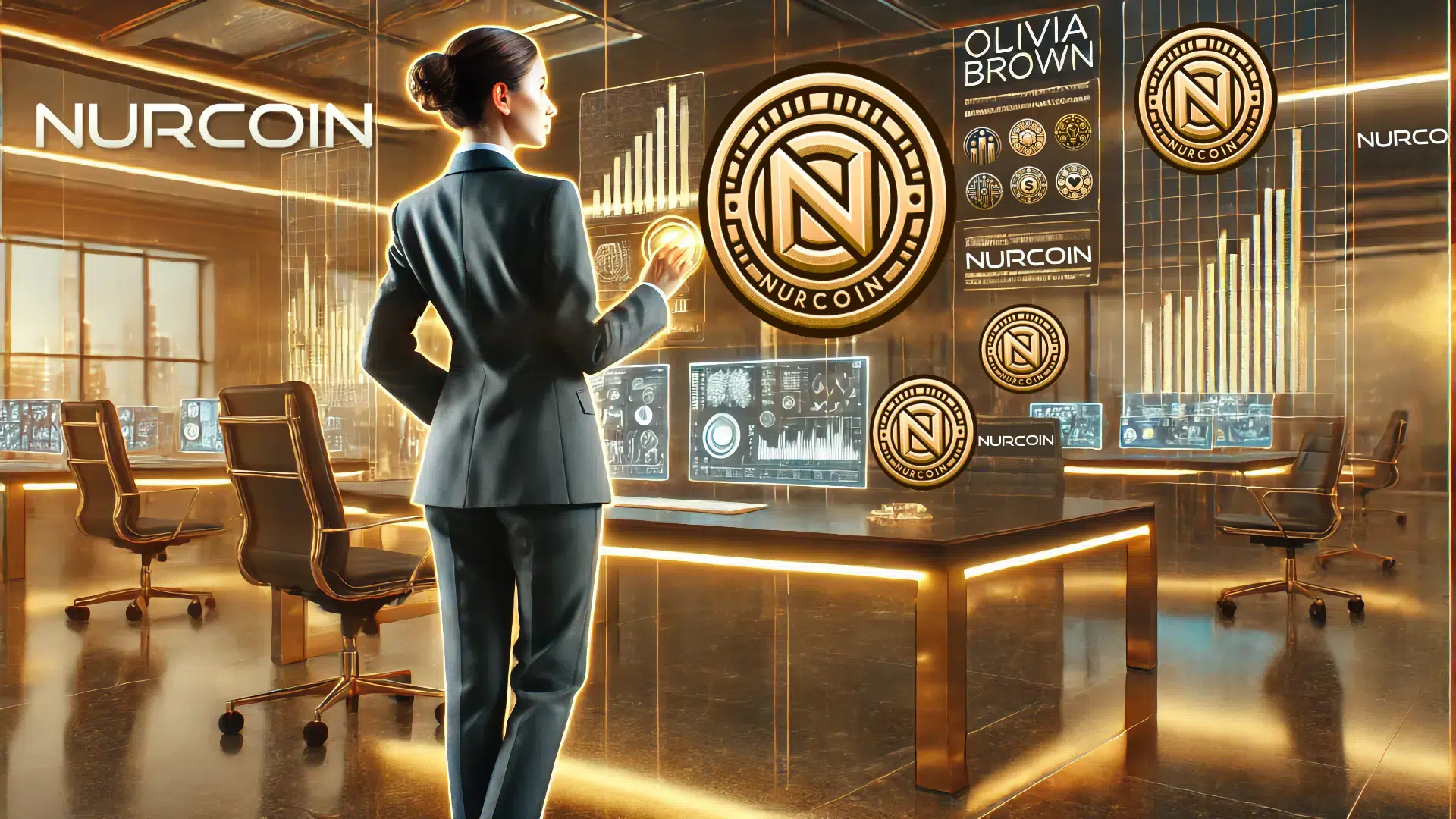 Futuristic digital representation of Olivia Brown, a financial consultant and businesswoman at NURCOIN®, specializing in investment strategies and digital asset management.
