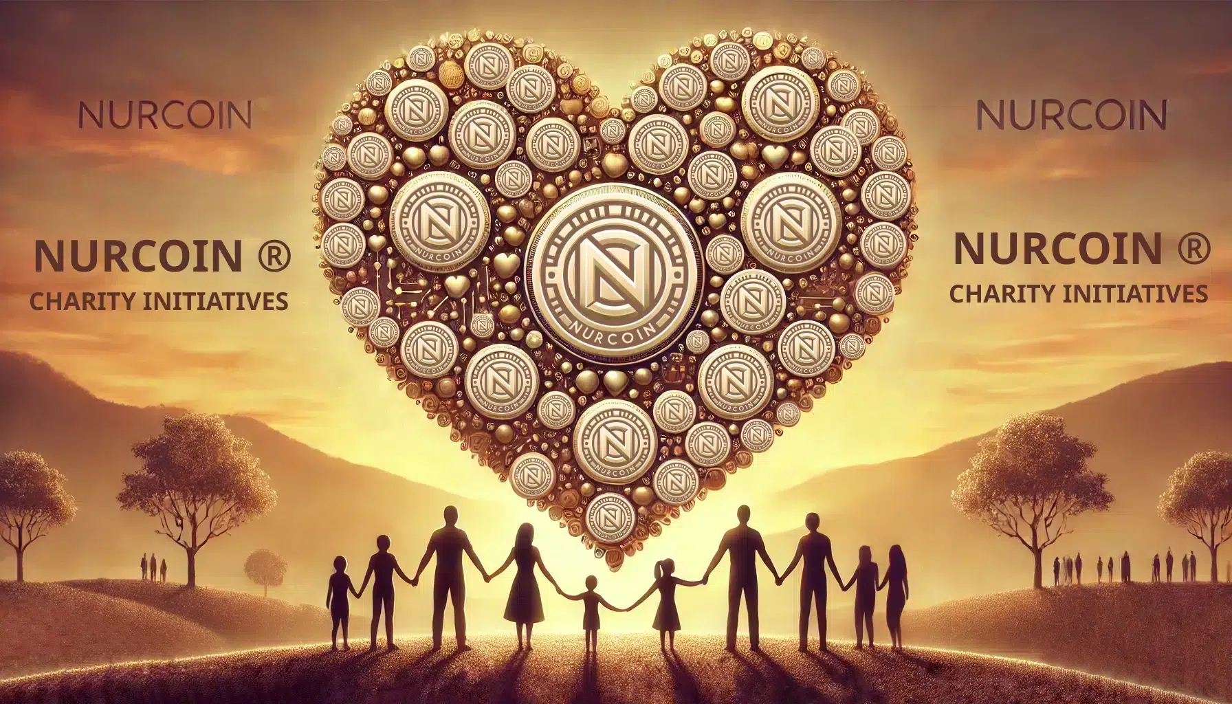 NURCOIN® Charity Initiatives — Golden heart made of NURCOIN tokens symbolizing global kindness and collective support, families standing together at sunrise.