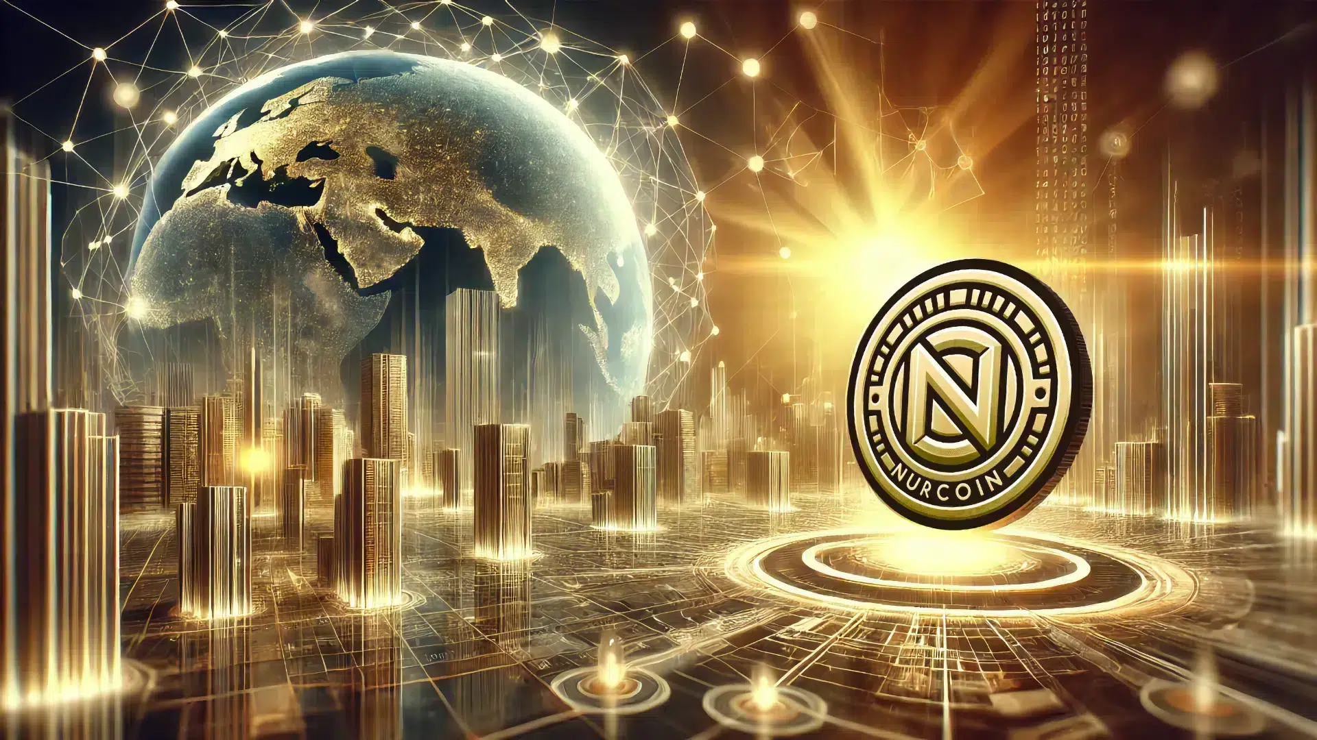 NURCOIN® account activation confirmation with a futuristic blockchain-powered global network.