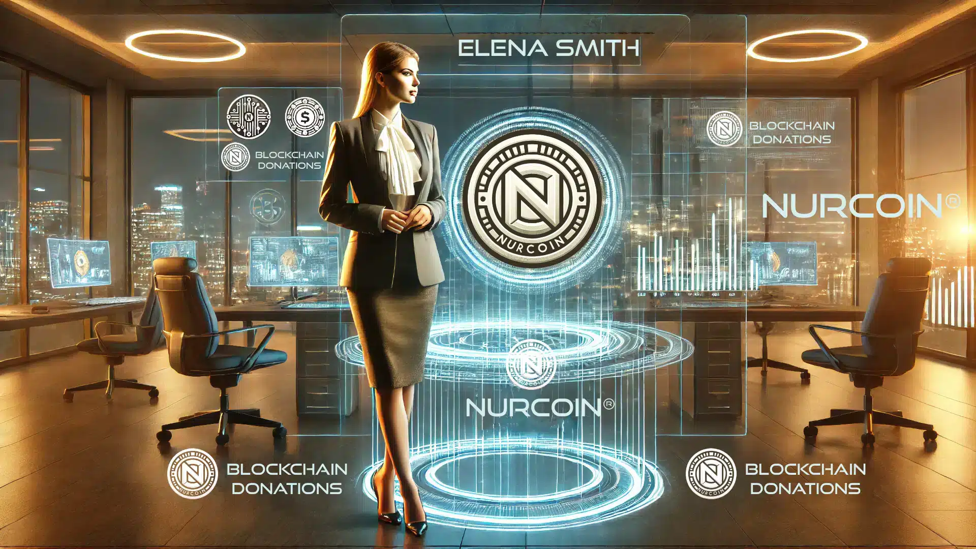 Futuristic digital representation of Elena Smith, a philanthropist at NURCOIN®, specializing in blockchain donations, charitable initiatives, and global financial inclusion.