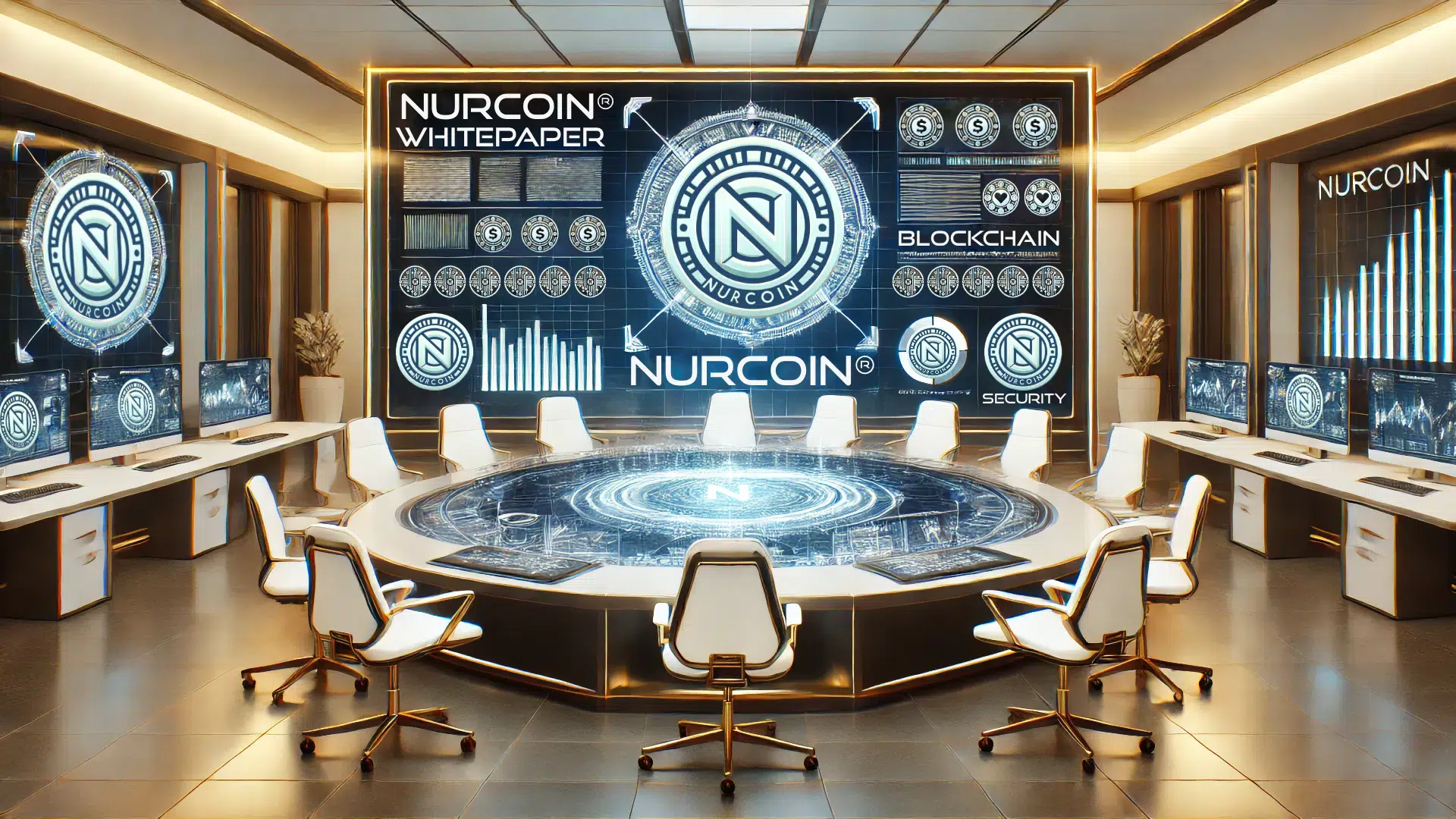 Futuristic conference room featuring NURCOIN® Whitepaper, blockchain security, and financial technology advancements.