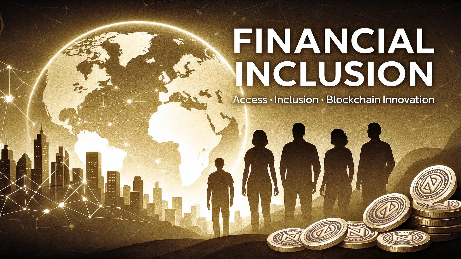 NURCOIN® Financial Inclusion — golden blockchain cityscape with people, digital coins, and glowing network connections symbolizing global economic access