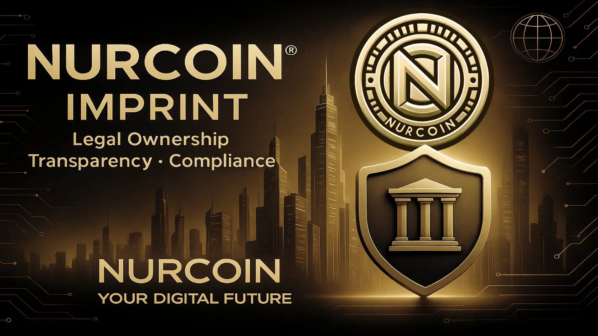 Imprint cover image featuring the NURCOIN® logo coin, legal shield, futuristic city skyline, and gold digital circuitry symbolizing transparency, ownership, and regulatory compliance.
