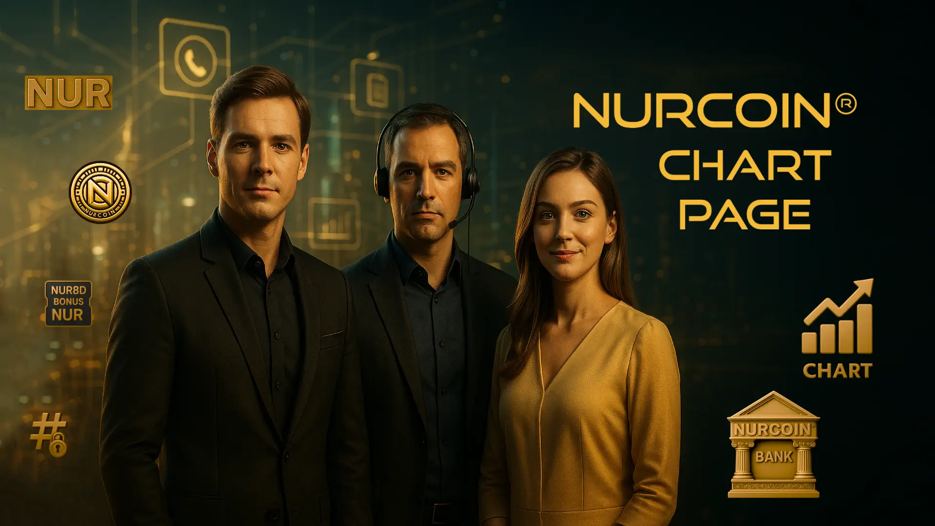 NURCOIN® Chart Page — premium golden 4K hero banner with three professional NURCOIN staff avatars and holographic crypto-analytics background.
