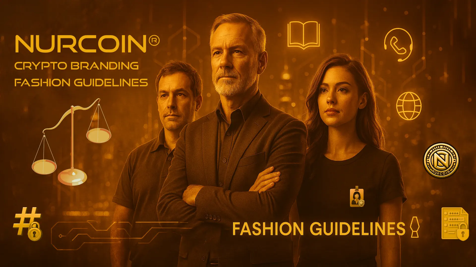 Cinematic group portrait of NURCOIN® support staff standing in a golden futuristic environment, with branding icons, legal scales, and fashion guideline visuals.