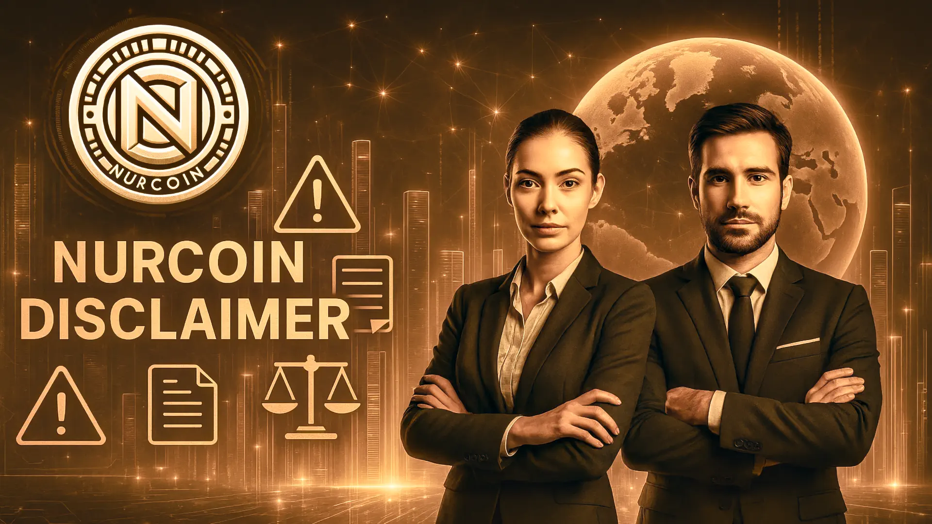 NURCOIN® Disclaimer • cinematic golden scene with two professionals, legal icons, warning symbols, holographic city and digital globe.