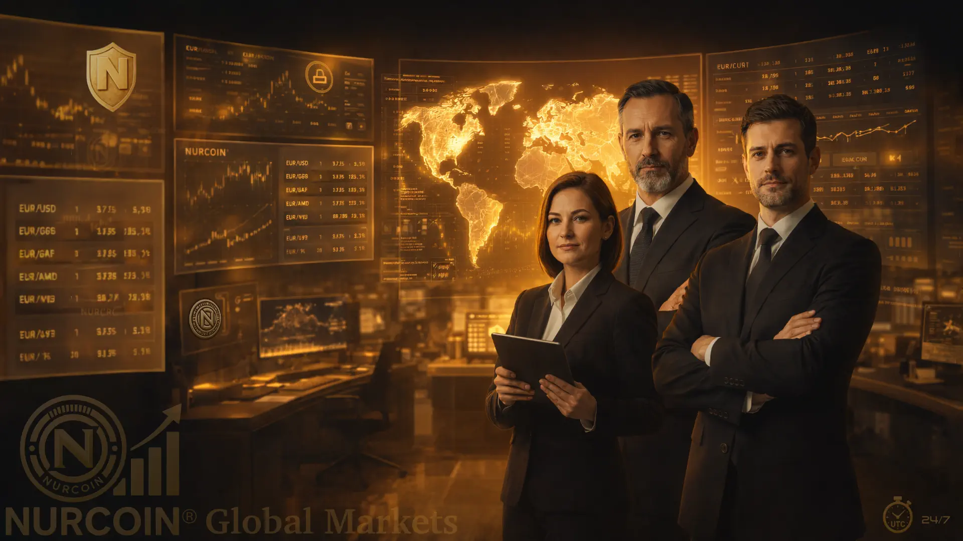NURCOIN® Global Markets command center with financial analysts and EUR-centric market data dashboards