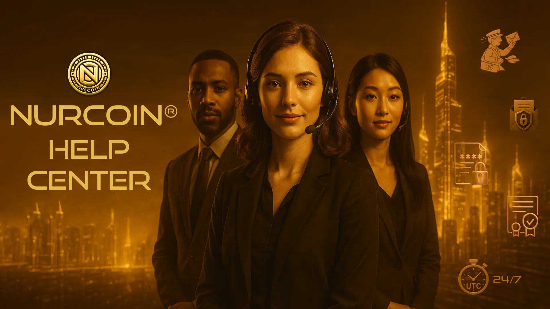 NURCOIN® Help Center — professional support representatives with futuristic golden city background, holographic icons and secure assistance visuals.