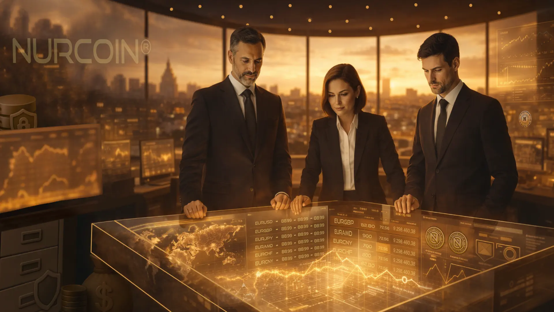 Cinematic NURCOIN® Market Insights scene with professional analysts reviewing macro charts, EUR-centric data, and digital financial dashboards in a golden-toned global command center.