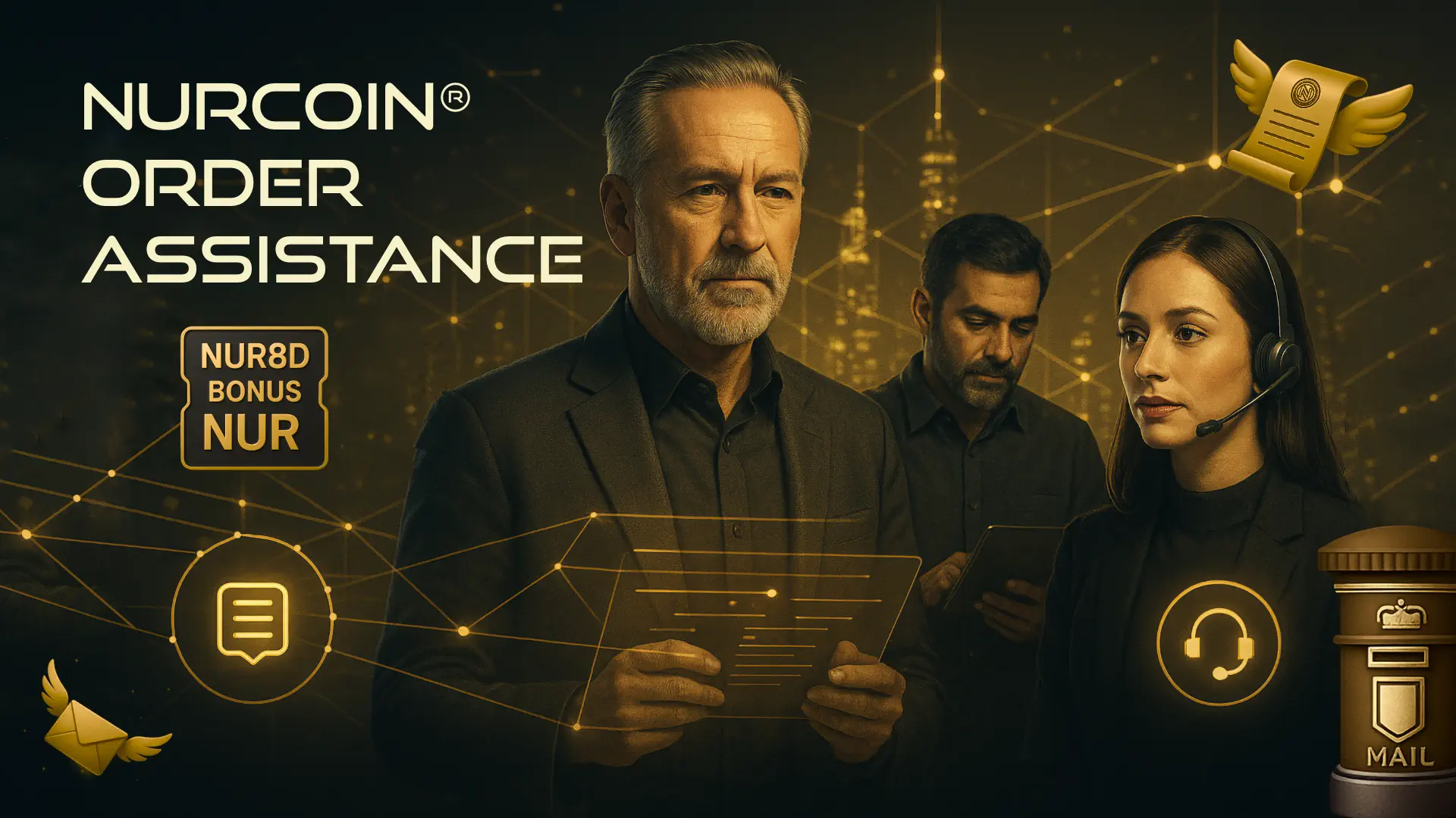 NURCOIN® Order Assistance team — premium holographic support interface with supervisors and customer service agents in cinematic golden style.