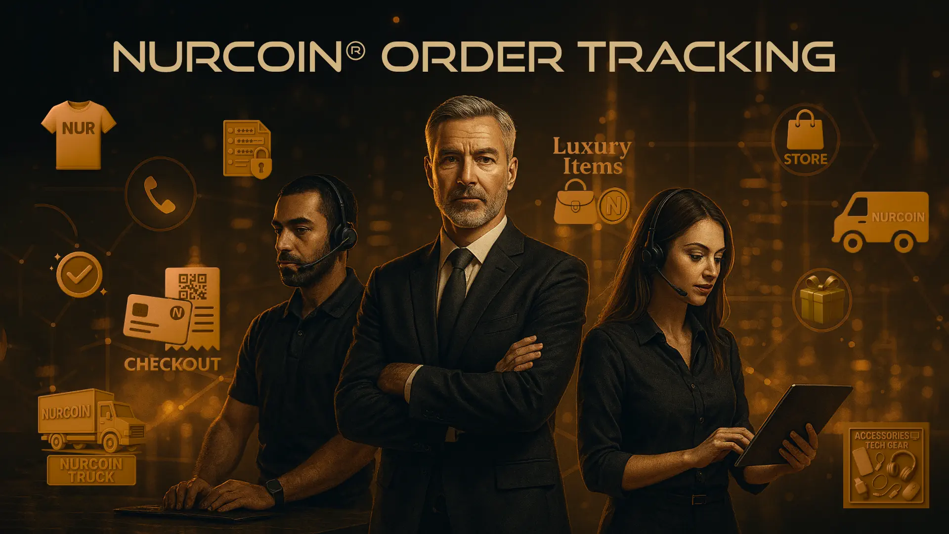 NURCOIN® Order Tracking – Premium cinematic support team monitoring orders, delivery logistics, and verification systems in golden futuristic style