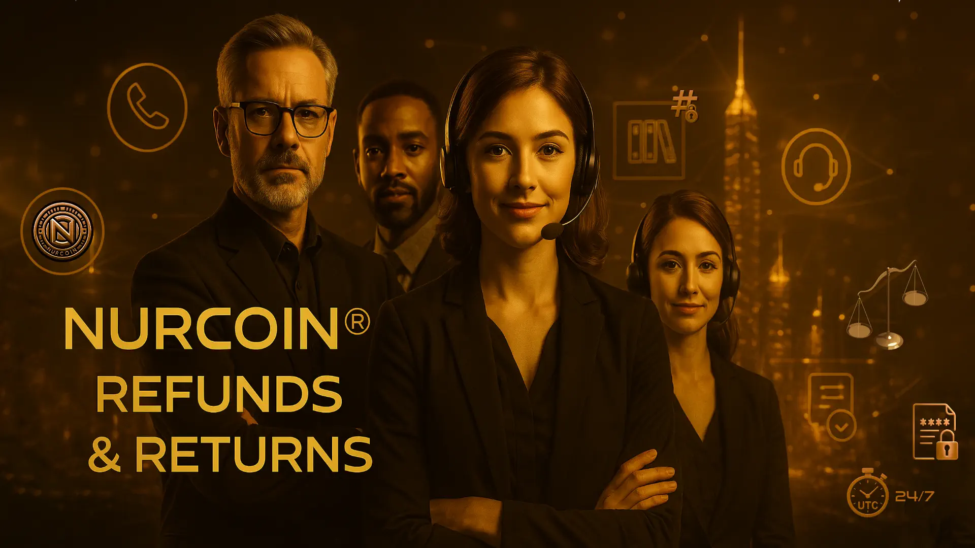 NURCOIN® Refunds & Returns Support Team — premium cinematic customer service group in golden tone with legal and verification icons.