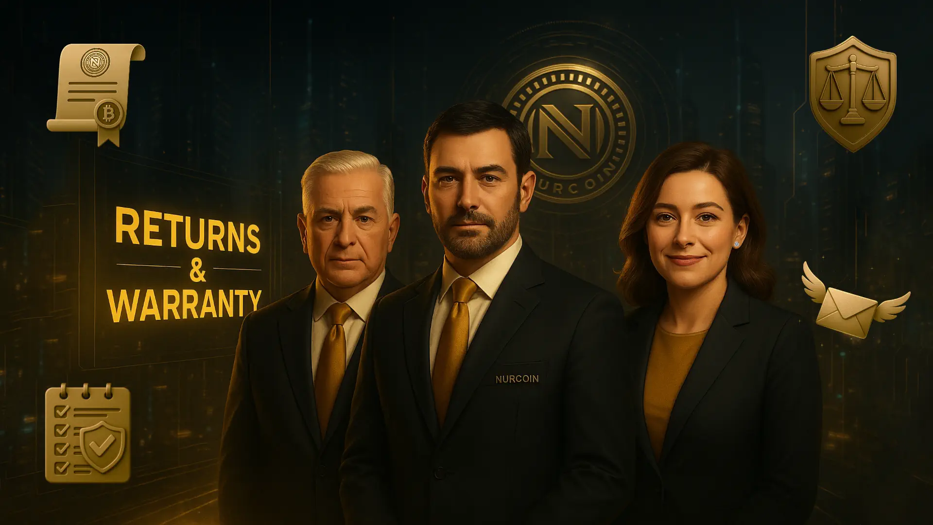 NURCOIN® Returns & Warranty Team • cinematic gold-toned illustration of three responsible corporate representatives standing against a futuristic city with holographic elements.