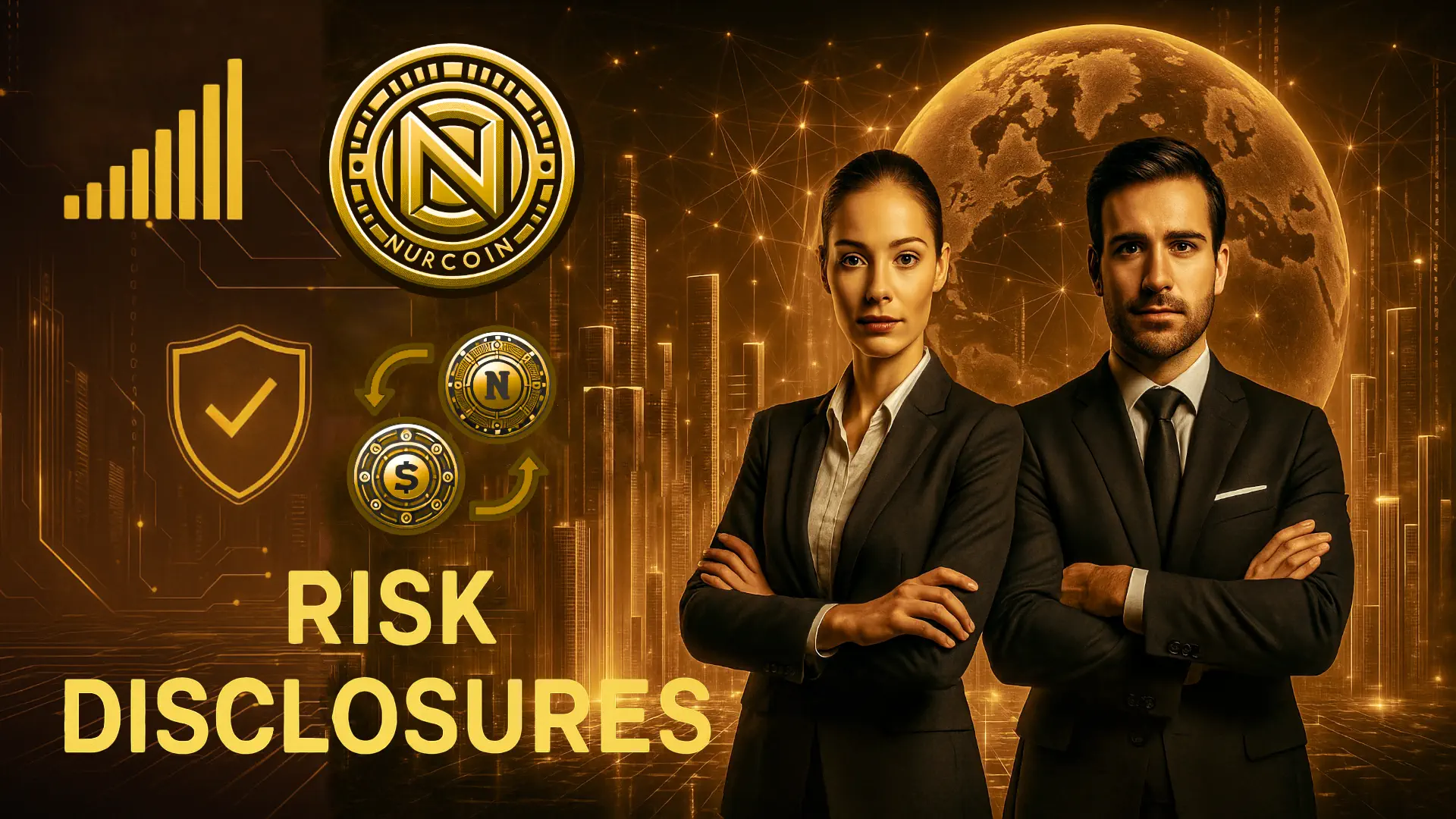 NURCOIN® Risk Disclosures • blockchain risk assessment, legal compliance, financial transparency, and investor risk awareness with executive team and futuristic city holograms
