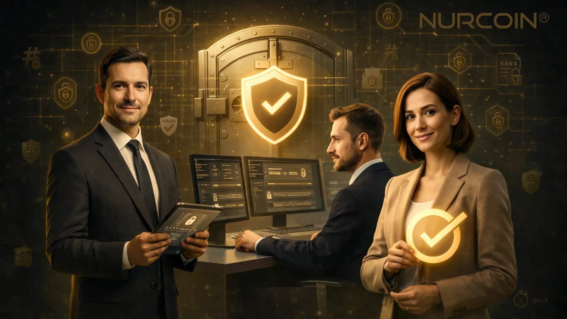 NURCOIN® Security & Trust team overseeing encrypted systems, audit verification, and user protection within a secure institutional fintech environment.