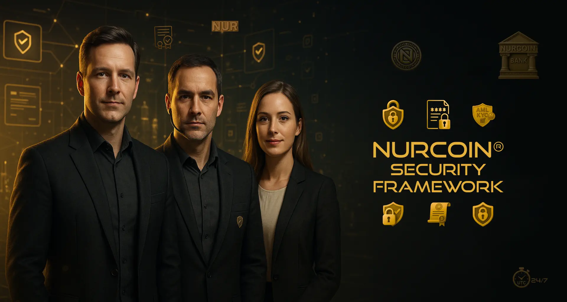 NURCOIN® Security Framework team overseeing blockchain security, compliance, and AI-assisted risk control in a cinematic governance environment