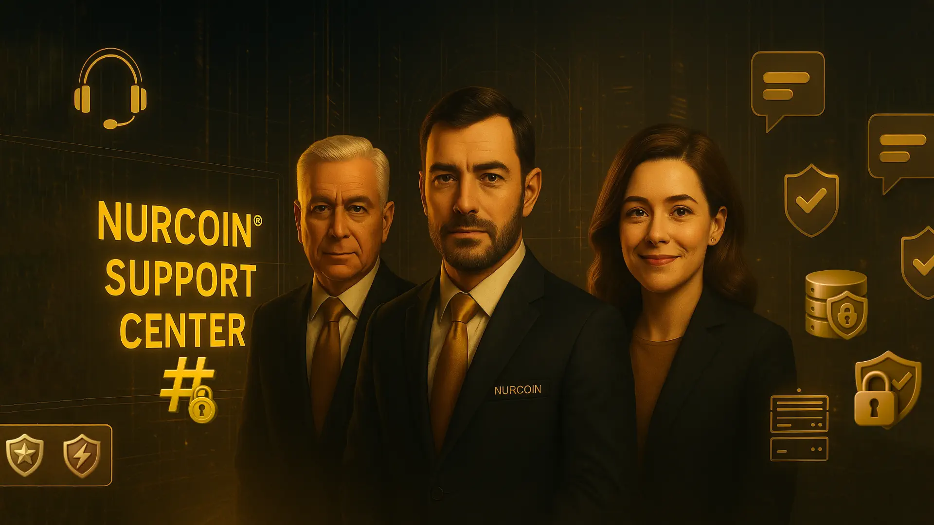 NURCOIN® Support Center — three professional support representatives in dark-gold futuristic environment with holographic security icons.