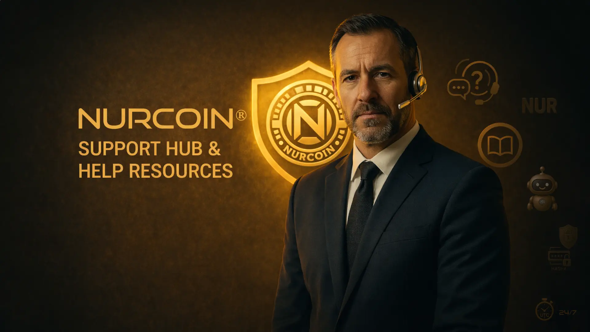 NURCOIN® Support Hub & Help Resources hero banner with headset support agent and golden NURCOIN shield emblem.