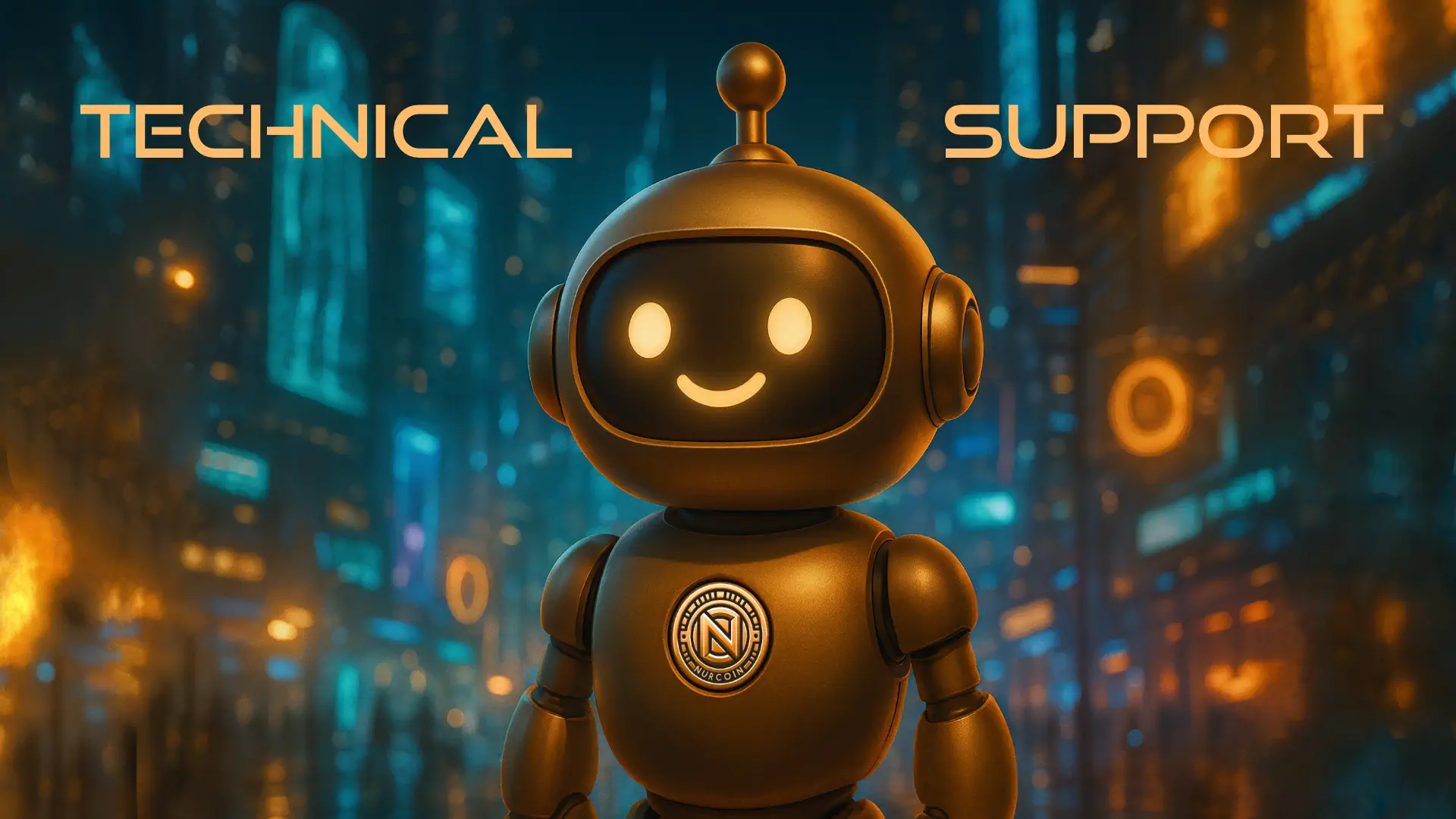 NURCOIN® Technical Support AI Assistant — gold cyber robot in a futuristic city with holographic elements