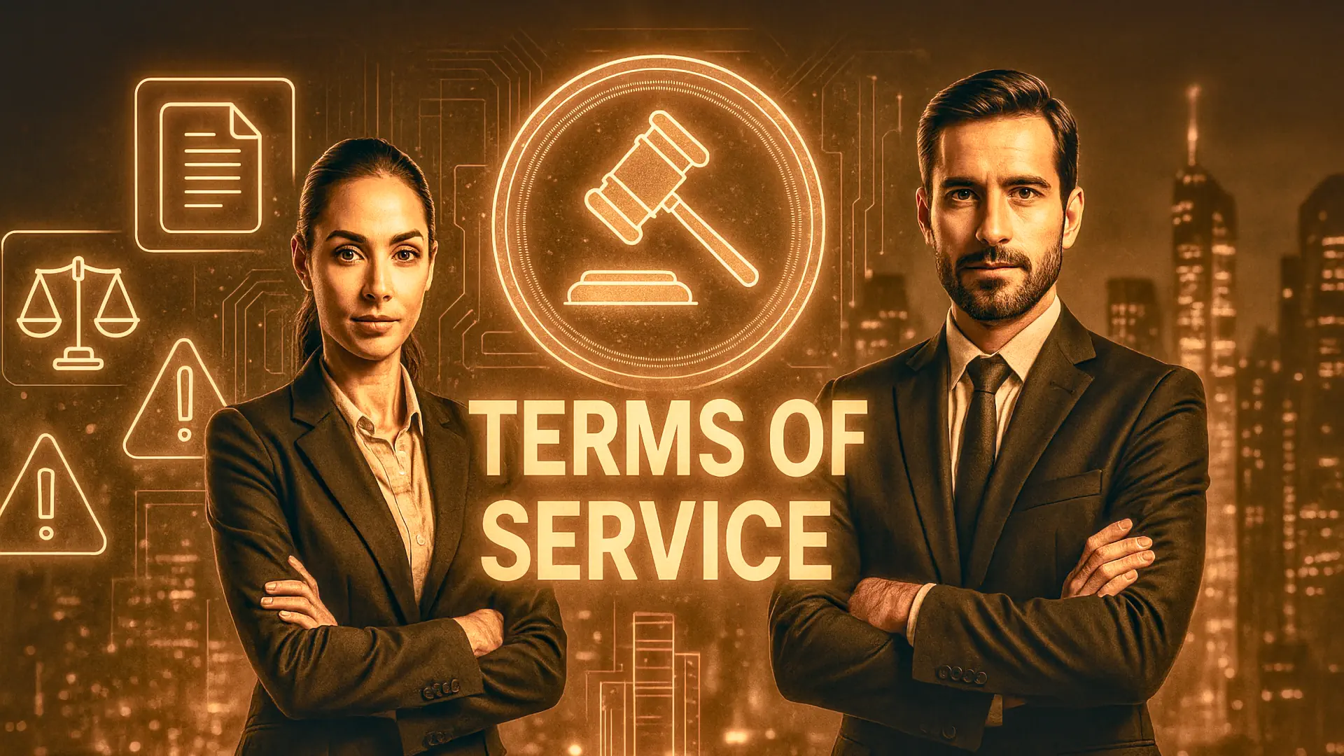 NURCOIN® Terms-Of-Service • futuristic golden scene with two business professionals standing confidently against a holographic digital city, global network grid, and legal contract icons.