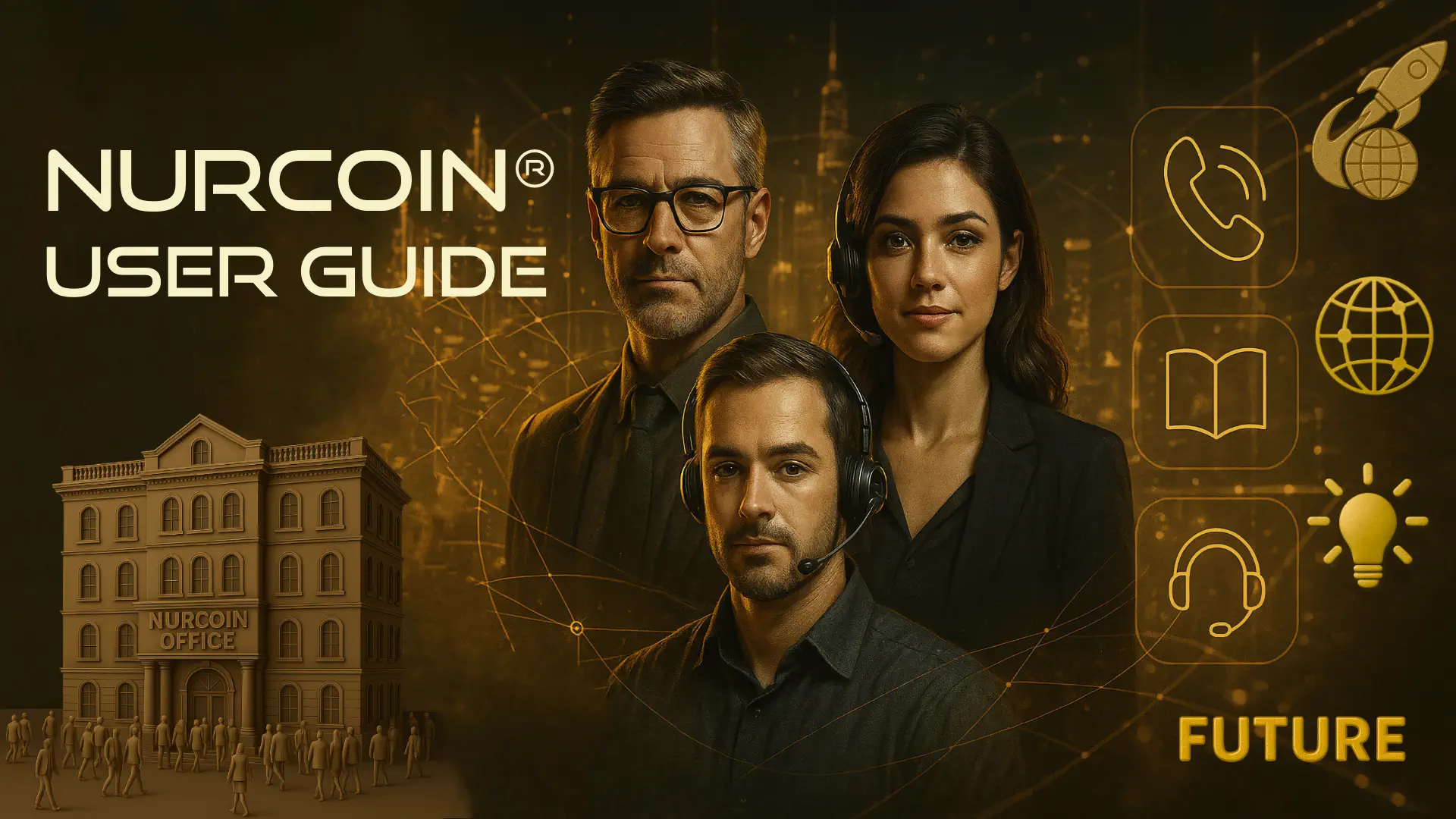 NURCOIN® User Guide – cinematic support team with supervisor, technical lead and customer specialist in golden futuristic style.