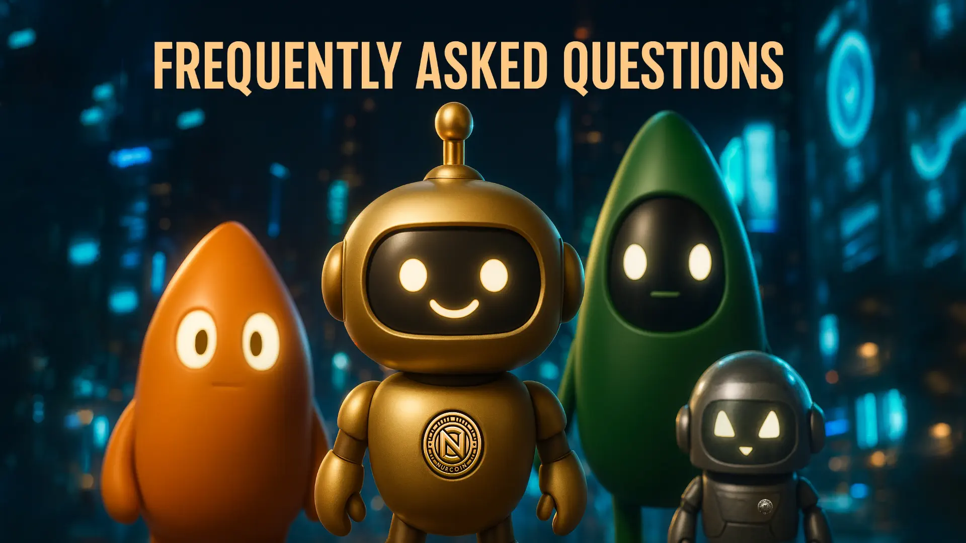 Golden NURCOIN® AI assistant with futuristic robot characters in a cinematic neon city background, FAQ page hero image.