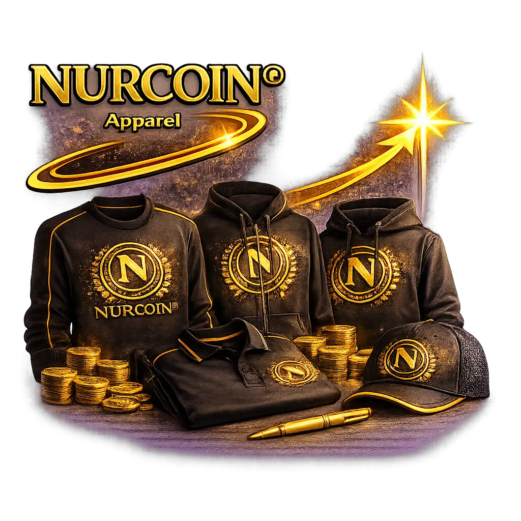NURCOIN® premium apparel collection with hoodies, t-shirts and caps in gold institutional style