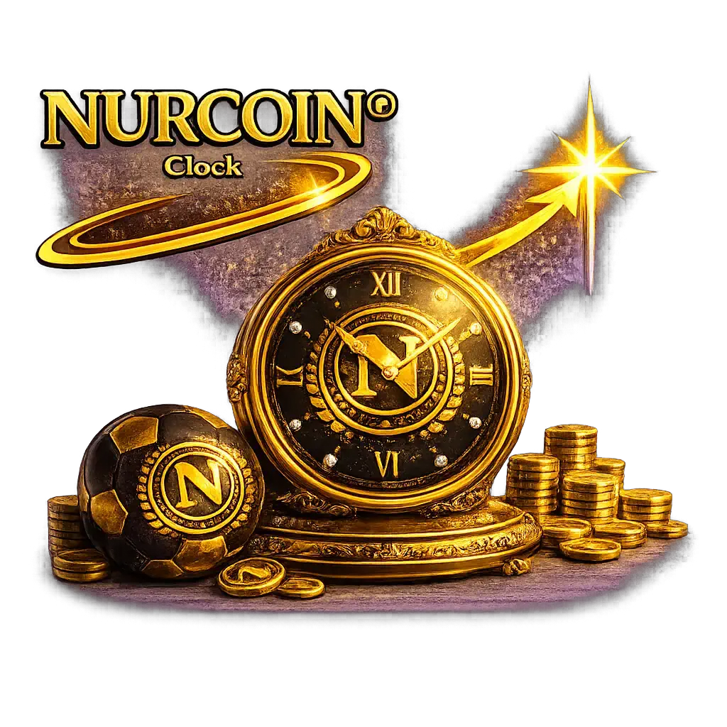 NURCOIN® Clock luxury gold timepiece with engraved N logo, surrounded by golden coins, symbolizing precision, time value, and premium digital finance.