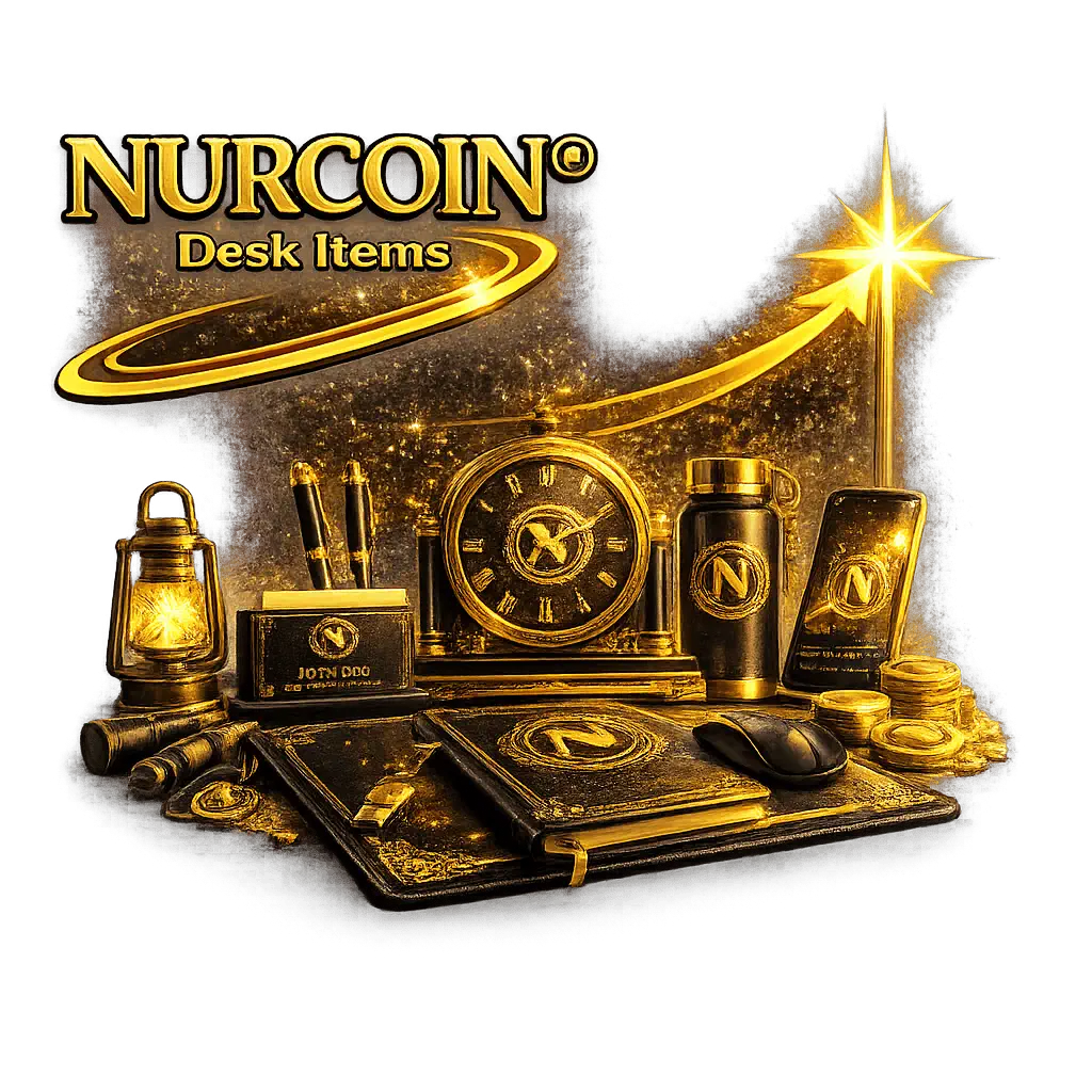 NURCOIN® premium desk items collection with gold-accented notebook, clock, pen set, bottle and accessories
