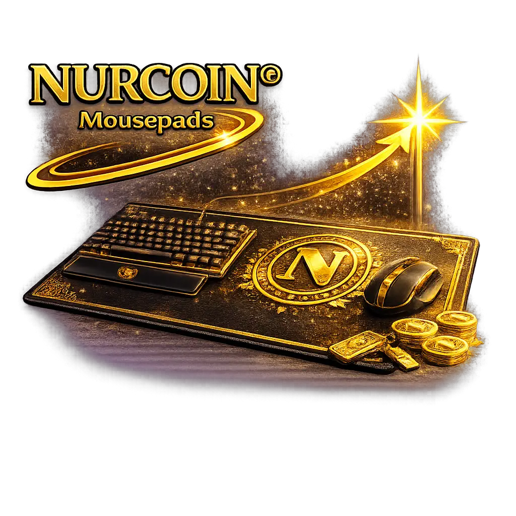 NURCOIN® premium mousepad with gold logo, keyboard and desk setup