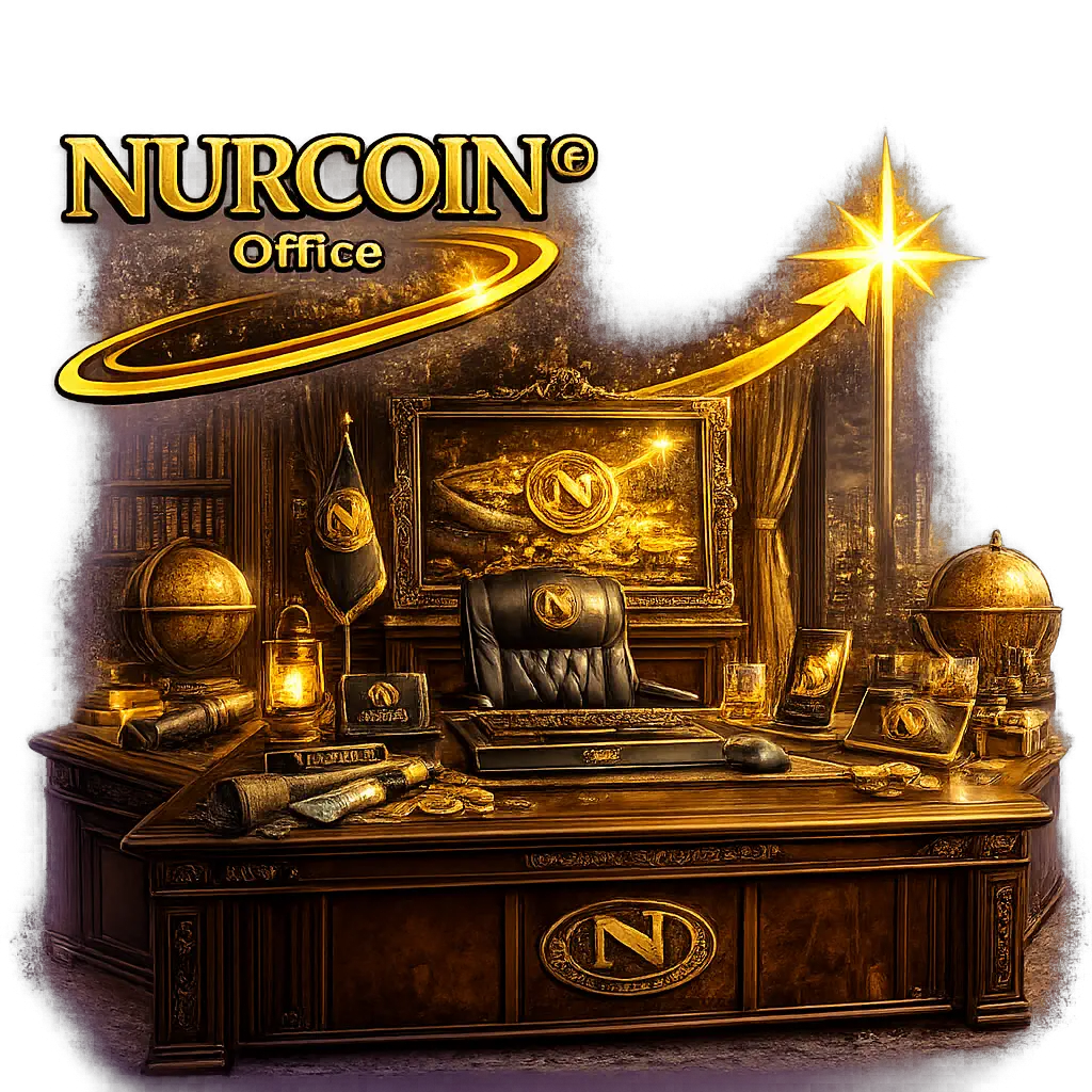 NURCOIN® Office workspace with luxury desk, branded accessories, and golden executive interior