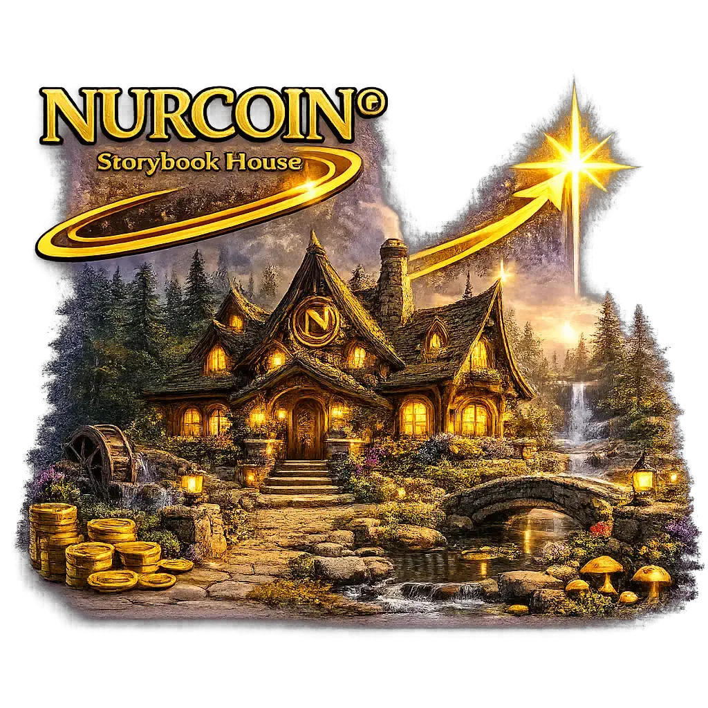 NURCOIN® Storybook House fantasy-style golden cottage with illuminated windows, forest landscape, flowing stream, and premium brand aesthetic