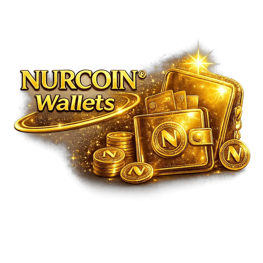 NURCOIN® luxury wallets with gold emblem, premium craftsmanship and digital wealth aesthetic
