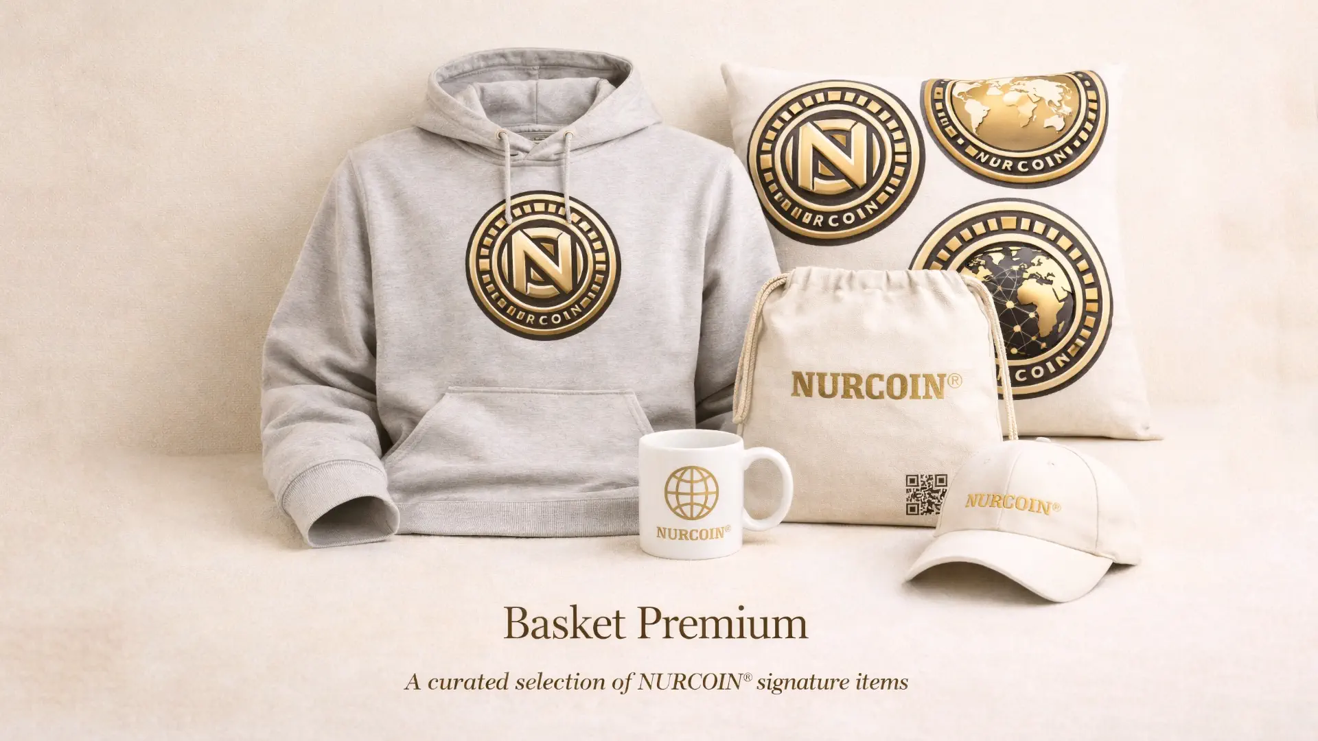 NURCOIN® Basket Premium merchandise collection featuring hoodie, mug, cap, bag, and branded cushions in gold style