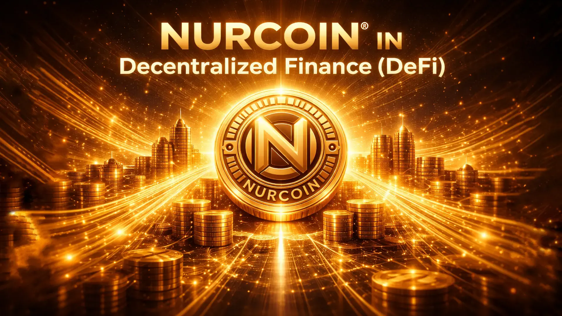 NURCOIN® in Decentralized Finance (DeFi) visual featuring the official NURCOIN® coin surrounded by digital capital flows, token stacks, and a futuristic financial cityscape representing decentralized financial innovation.