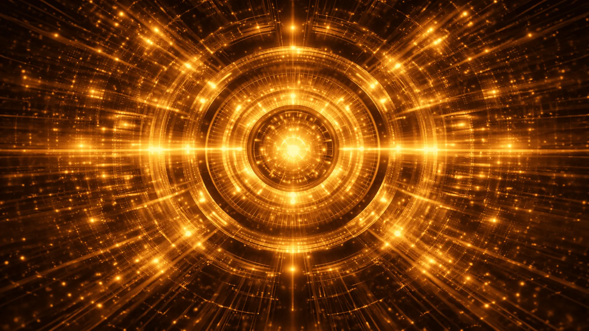 Golden NURCOIN® blockchain security interface with concentric digital rings, encrypted network signals and protected core infrastructure