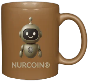 NURCOIN® • Coffee Cup Chatbot Edition in rusty nail brown with gold chatbot mascot and NURCOIN®