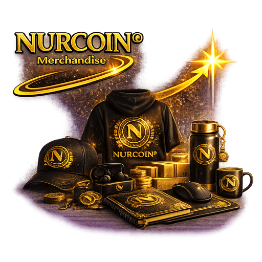 NURCOIN® premium merchandise collection featuring branded apparel, drinkware, accessories, notebooks, and lifestyle items in an institutional gold style.